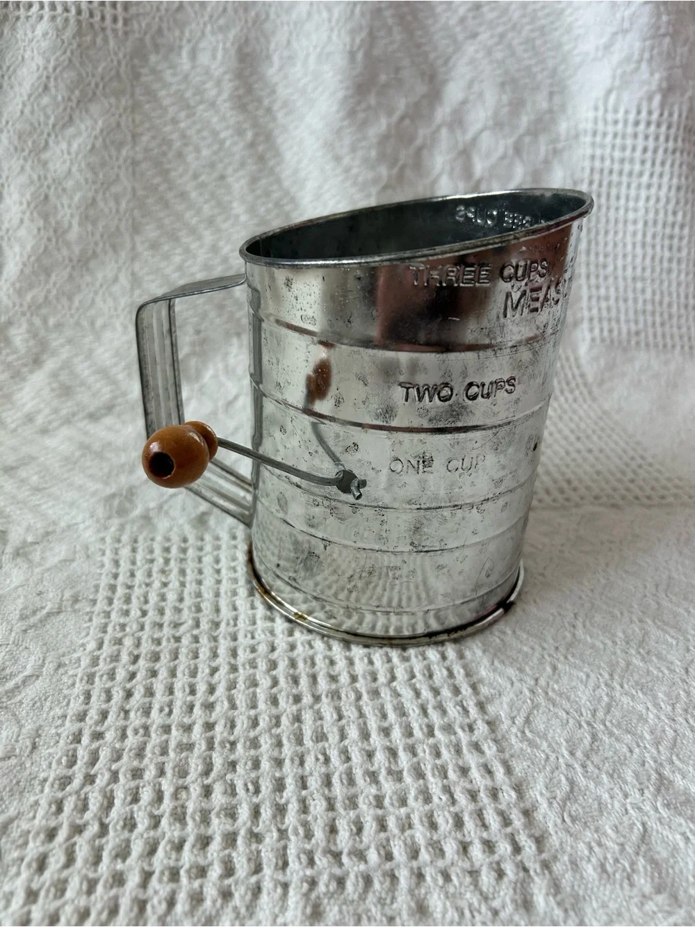Metal Flour Sifter with Wooden Turn Handle - Silver & Brown
